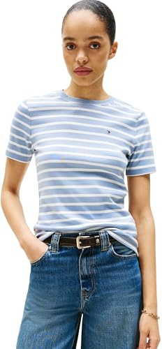 Tommy Hilfiger Damen T-Shirt Kurzarm Slim Cody Rundhalsausschnitt, Mehrfarbig (Brisk Blue/Ecru STP), XL