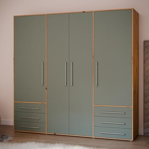 Forte Jupiter Kleiderschrank 205, Geräumiger Schrank mit 4 Drehtüren und 6 Schubladen, Artisan Eiche Dekor/Salbei, 205,9 cm breit, 200 cm hoch, 53 cm tief