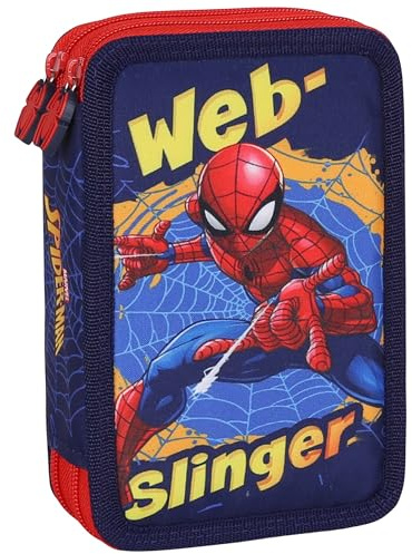 sarcia.eu Marvel Spider Man Schulmäppchen mit Zwei Fächern MIT SCHULMATERIAL für Jungen ZUR Schule - 32 Elemente, 2 Reißverschlüsse (Spider-Man A)