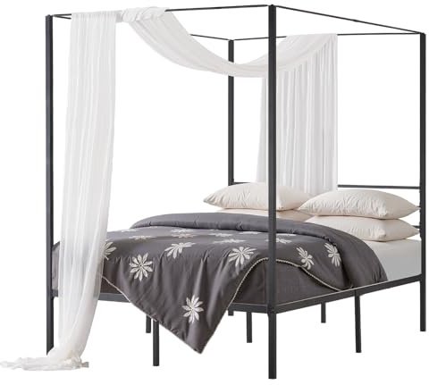 VEVOR Marco de Cama con Dosel de Tamaño Full, Diseño de Cuatro Postes de Metal 196,5x137x183 cm Soporte de Láminas de Acero Resistente Espacio de Almacenamiento Debajo, No Necesita Somier, Negro