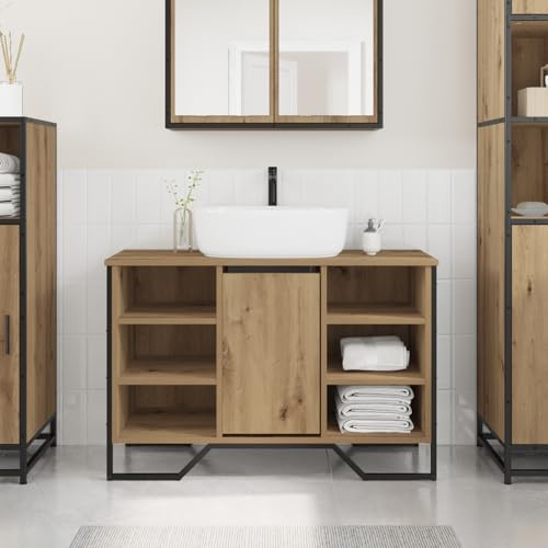 Qnhdfrt Meuble de salle de bain sous vasque, en chêne artisanal, étroit, 91 x 35 x 60 cm, moderne, avec étagères encastrées et porte coulissante pour meuble de salle de bain