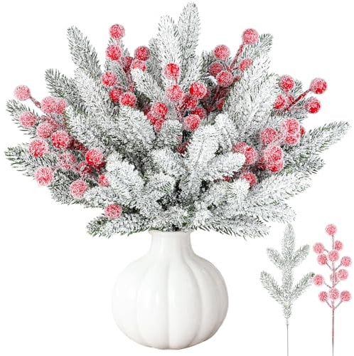 YiYa 30 Stück Künstliche Kiefernzweig mit Rote Beeren Künstliche Tannenzweige mit Schnee Gefälschte Kiefernnadel für Weihnachtsbaum Dekoration Vase Kranz Hochzeit Handwerk