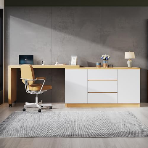 A ALFRESCOOL Faltbarer Schreibtisch, Schreibtisch mit Schubladen, Eckschreibtisch, Sideboard, mit Feststellbaren Rollen, Drehbare Tischplatte, Fest Arretierbar, 120×50×76.5cm (Weiß+Eiche)