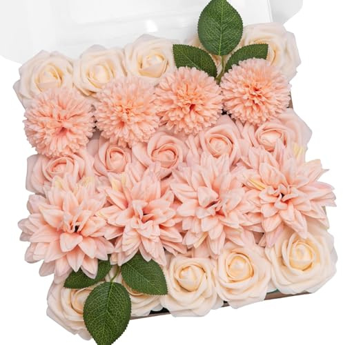 TINGE TIME 23 Pcs Fleur Artificielle Deco Fausses Roses Dahlia Fausse Fleur avec Tige pour Bouquet de Fleurs Artificielles Mariage, Arrangement Floral, Fêtes Gâteau Maison Décoration (Rose Pâle)