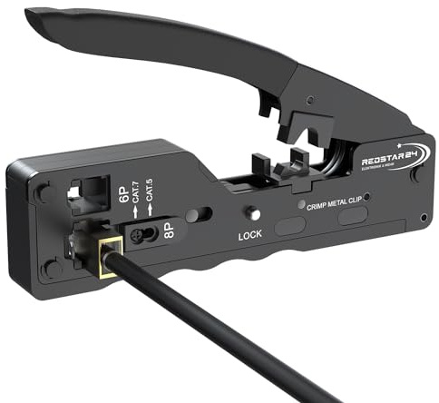 RedStar24 RJ45 Crimpzange Universal – Crimp Werkzeug für RJ45 Cat7/Cat6A/Cat6/Cat5e, RJ11 & RJ12 – Modularstecker Zange für 6/8-polige LAN Kabel & Telefonkabel – Präzise Crimpzange
