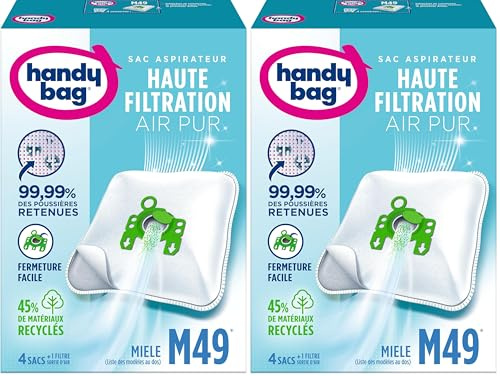 Handy Bag - Sacs aspirateur M49 x4sacs - Compatibles Miele, Hoover - 99,99% des poussières retenues - Fermeture facile - Filtre anti-allergène - 45% de matériaux recyclés, Blanc (Lot de 2)