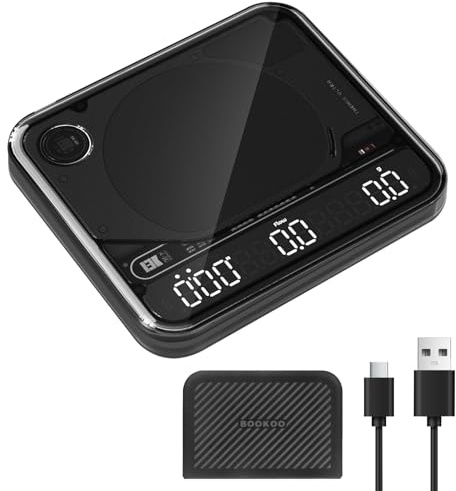 BOOKOO Báscula de Café con Temporizador, Báscula Espresso 0,1 g, 2000 g, 4 Modos, Bluetooth App, Control de Flujo, IP67, Batería 2000 mAh 72 h, USB-C, Espresso y Pour Over, Negra