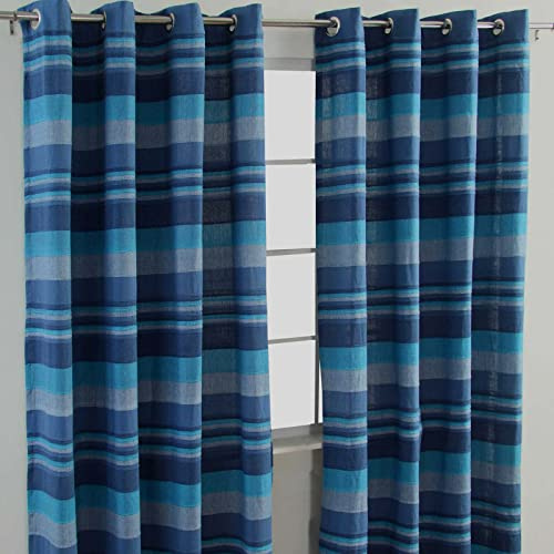 HOMESCAPES Blue Eyelet Curtain Pair 167cm (66) Wide x 228cm (90) Drop Morocco Stripe Design Ring Top Curtain PairTop Curtain Pair