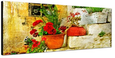 Augenblicke Wandbilder Keilrahmenbild Wandbild 150x50cm Steinhaus Treppe Blumen Griechenland