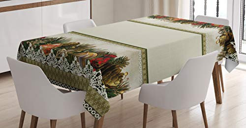 ABAKUHAUS Weihnachten Tischdecke, Vintage verzieren Natur, Inn und Outdoor Bereich geeignet Waschbar Druck Klare Farben Kein Verblassen, 140 x 170 cm, Grün Rot Beige