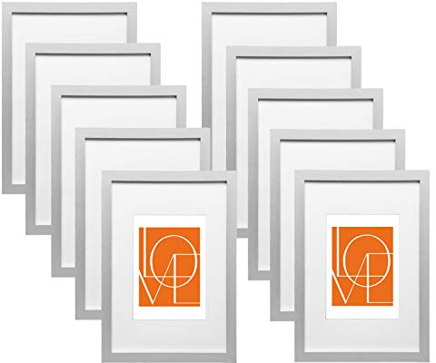 WOLTU Bilderrahmen 21x29,7 cm A4, Fotorahmen zum vertikalen oder horizontalen Aufhängen/Aufstellen, Holzrahmen mit Passepartout, Set of 10 Posterrahmen Collage Wanddeko, Silber