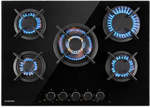 Klarstein Cocina de Butano, Placa 5 Fuegos 10400W, Vitrocerámica Integrada para Cocina, Encimera de Fogones con Base de Vidrio y Acero Inoxidable