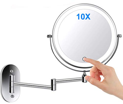 Namotu Miroir Grossissant Lumineux Mural x10, Miroirs de Maquillage Miroir Salle De Bain 7 Pouces Miroir Mural Double, Pivotant et Extensible à 360 °, Alimenté par 4 Piles AAA(Non Inclus)