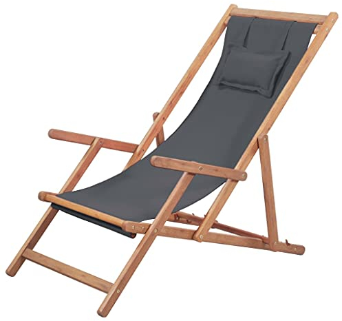 Ksodgun Klappbarer Strandstuhl Stoff und Holzrahmen Liegestuhl Sonnenliege Relaxliege Garten, Balkon, Terrasse Grau