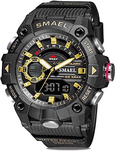 SMAEL Herren Digital Sportuhr Militär Outdoor Wasserdicht Chronograph Uhren Big Handgelenk mit Alarm Datum Multifunktions LED Stoppuhr, schwarz / goldfarben,