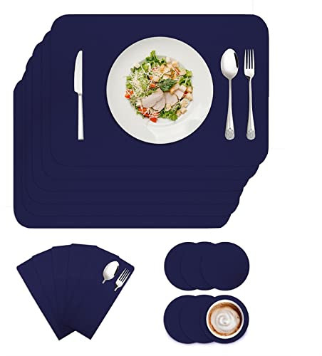 BESTORI Filz Tischset 6er Set, Waschbare Platzdeckchen Hitzebeständig Abwischbar Platzset mit Untersetzer und Bestecktaschen Navy blau 30x40cm