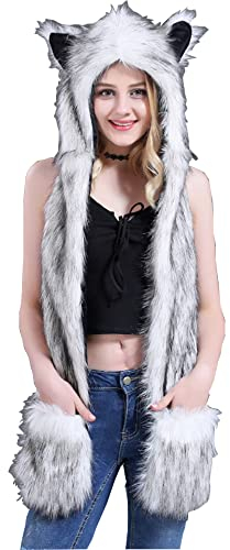 3-in-1 Damen Winter Kapuzenschal mit Fäustlingen Thermal Kunstpelz Kapuzenschal Neckwarmer Hoodie Tasche Warmer Outdoor-Ohrschal Winddicht Kälteschutz Mütze Schal Handschuhe Set