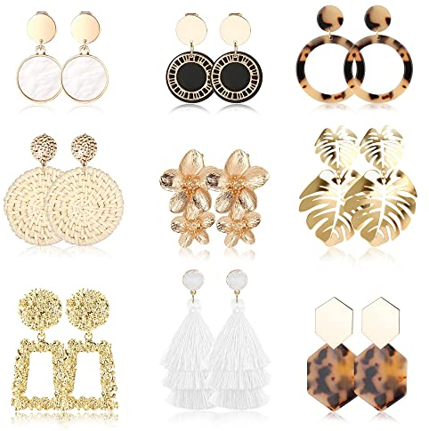 Finrezio 9 Paar Clip-Ohrringe für Frauen, Rattan, Kunstharz, Acryl, Tropfen-Ohrringe, leicht, geometrisch, Rattan, Quaste, Tropfen-Ohrringe, Schmuck, Acryl, Rattan, Kein Edelstein