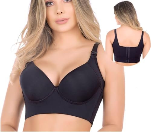 Women's Deep Cup Bra Hides Back Fat Shapewear Smooths Your Back and Underarms Full Back Coverage Push Up Sports Bra(M,Black)