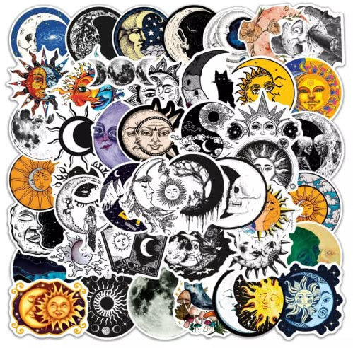 HNTR® Sonne und Mond Aufkleber | 50 Astrologie, Himmel, Yin Yang Aufkleber, wasserdichte Vinyl-Aufkleber für Laptops, Tagebücher, Sammelalben, Wasserflaschen und mehr