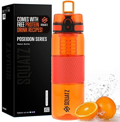 SQUATZ Poseidon Serie Sport-Trinkflasche, 680 ml, Premium-Qualität, breite Öffnung, Saft, Proteinflasche mit Fruchtsieb, Tragegurt, Auslauffestigkeit und keine Kondensation