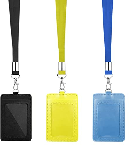 3 Stück Leder Ausweishülle mit Band Vertikal ID Ausweishalter mit Neck Lanyard Strap ID Card Badge Holder Kartenhalter Ausweis mit Schlüsselband für Ausweise Busfahrkarten Hülle (schwarz/gelb/Blau)