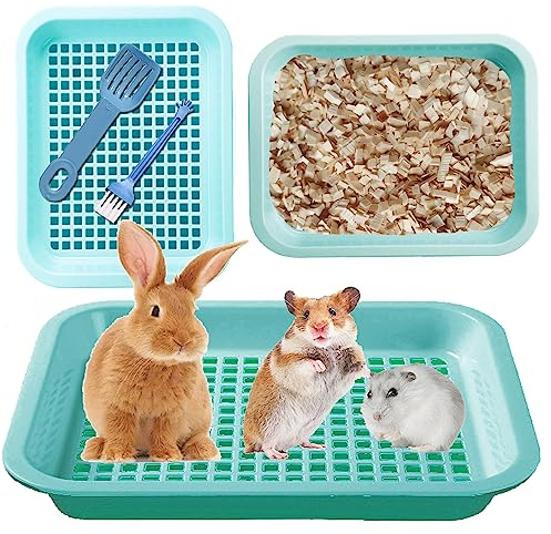 KAKOLOPT Hamster Chinchilla Ferret Guinea Pig Litter Box For Cage Sand Bath Bedding Box Bunny Corner Litter Potty Trainer Pet Toilet Small Animal Litter Tray Pan+Grate+Sand Shovel+Broom Brush (Green)