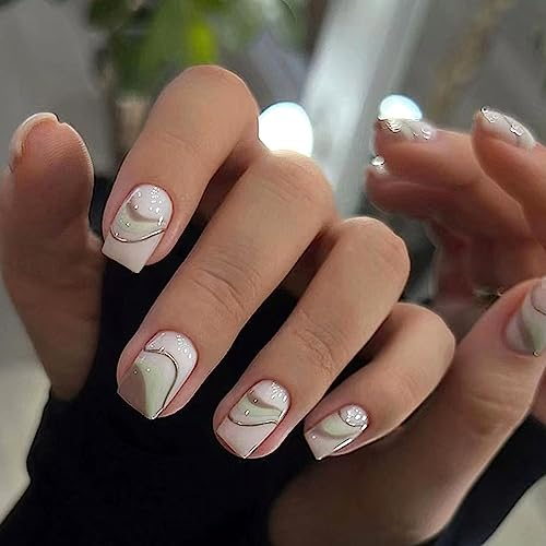 Ceboic Court Carré Faux Ongles Français Ongles à Coller 24Pcs Pleine Couverture Glossy Ballerine Acrylique Press on Nails avec Dessin pour Femmes et Filles, 12 Tailles (Marron Ondulation)