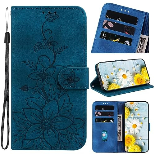 KRjcsfhy Handyhülle für Samsung Galaxy M31 Hülle Leder, Samsung Galaxy M31 Blumen Flipcase Handytasche Book Tasche Case mit Kartenfach Magnet Schutzhülle für Samsung Galaxy M31 Handy Hüllen blau