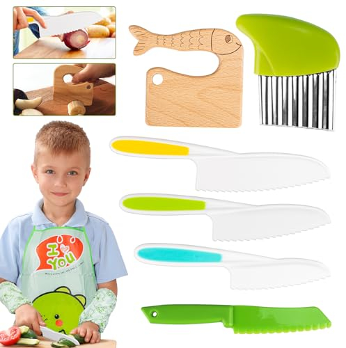 FANTICDE -Ensemble de 8 couteau cuisine enfant,pour couper et cuire des fruits ou légumes pour les tout-petits, coupe-pomme de terre à onde,avec couteau en bois, ensemble tablier enfant