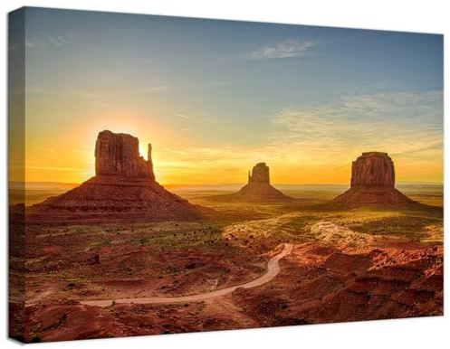 Kunstdruck auf Leinwand, Motiv: USA Arizona, Monument Valley, für Wohnzimmer, Schlafzimmer, Badezimmer, Heimdekoration, Sonnenaufgang, Monument, Tal, gerahmtes Kunstwerk, fertig zum Aufhängen, 61 x 91