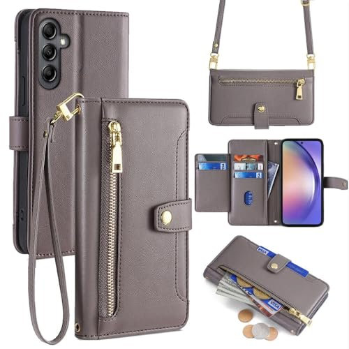 Hülle Kompatibel mit Samsung Galaxy A34 | Leder Handyhülle Praktische Handykette Kartenfächer Brieftasche Umhängetasche Kompatibel für Galaxy A34 | Grau
