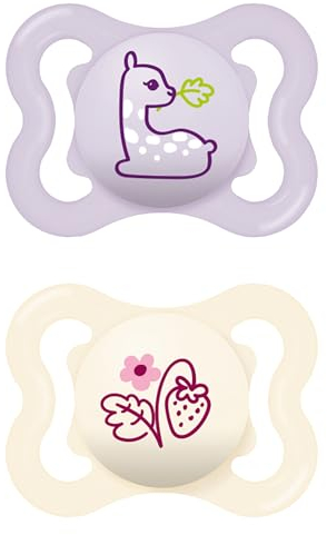MAM Air Succhietto 2-6 Mesi (Set da 2), Ciuccio MAM 2-6 mesi per pelli sensibili e delicate, Kit da 2 accessori neonato con tettarella in silicone e porta ciuccio sterilizzatore, Lilla/Neutro
