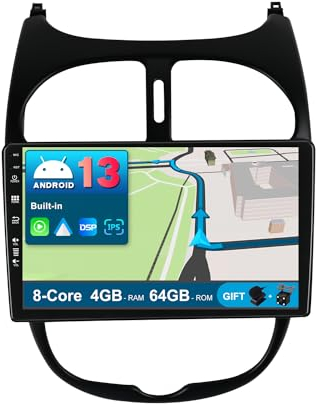 BXLIYER Android 13 IPS Autoradio Passt für Peugeot 206 (2002-2010) - 4G+64G - Eingebaut DSP/Carplay/Android Auto - LED Kamera + MIC - 9 Zoll 2 Din - Lenkradsteuerung WiFi DAB 360-CAM Fast-Boot 4G