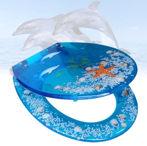 Toilet Seat with Soft Close and Non-Slip Seat Bumpers, Resin Toilet Seat Lid with Transparent 3D Effects Decorative That Will Never Loosen for Family Bathroom or Commercial Premises