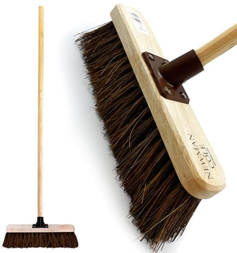 12” Outdoor Garden Broom with Wooden Handle Natural Stiff Bassine Hard Bristle with Durable Support Bracket Yard Brush Heavy Duty Broom Outdoor Cleaning Sweeping (PACK OF 1)