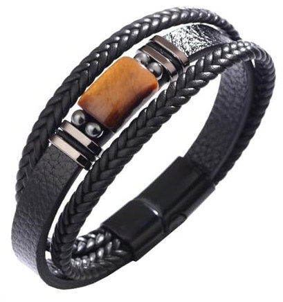 APMGONT Tigerauge Lederarmband Herren, Tigerauge Mehrlagiges Geflochtenes Lederarmband, Geflochtenes Tigerauge Lederarmband mit Magnetverschluss, Tigerauge Lederarmband Geschenk für Männer (A, 21)