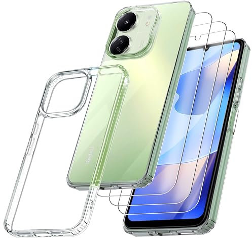RKINC Hülle für Xiaomi Redmi 13C, Poco C65, Nie Vergilbung Handyhülle Militärnorm Stoßfest Anti-Kratzt, 1 Schutzhülle mit 3 Stück Panzerglas Panzer Schutz Glas Transparent