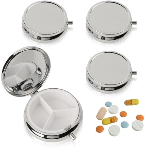 4 Stück Pillendose Klein mit Spiegel, Reise-Kleine Pillenspender, 3 Fächer Medizin Dose, Metall Pillendose Rund, für Geldbörse, Zum Aufbewahren (Nicht gemustert - 3 Fächer - Druckknopfverschluss)