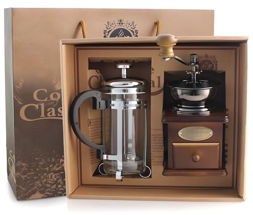byepica French Press & Coffee Grinder Set - Elegant Metal & Wood Craft, Burr Grinder & Press for Rich Coffee, Perfect for Home & Outdoors, Coffee Table Accent, 7.9 X 5.1 X 2.6 in