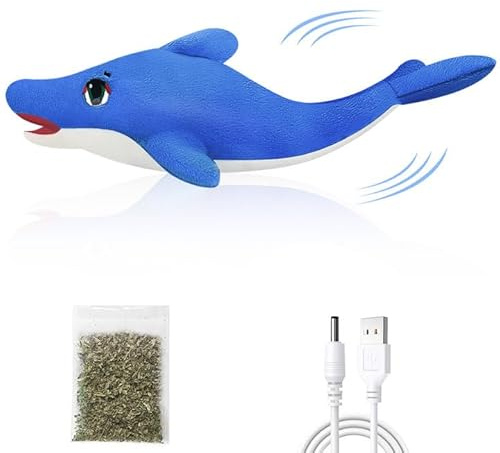 Aucenix Floppy Fish Cat Catnip Toys, Flapping Interactive Electric Kitten Toy for Indoor Cats Chew, Moving Fish Kicker Toy Realistic with USB Charger, Simulation Wagging Tail (Dolphin-Dark Blue)