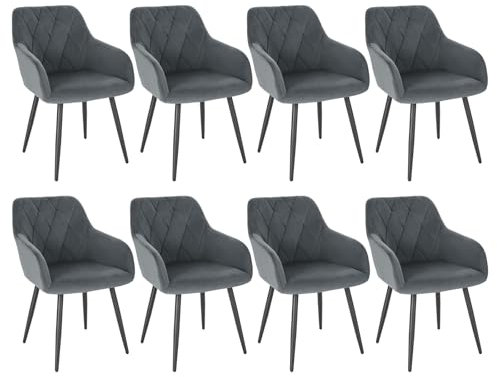 WOLTU 8er Set Esszimmerstühle mit Armlehne Rückenlehne, für Esszimmer Wohnzimmer Küche, Bequeme Küchenstühle gepolstert mit Samtbezug, Metallbeinen, Dunkelgrau