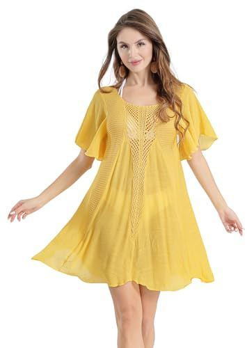 Robe de Plage en Mousseline de Crochet pour Femme Cache-Maillot de Bain été Bikini Cover Up Jaune L