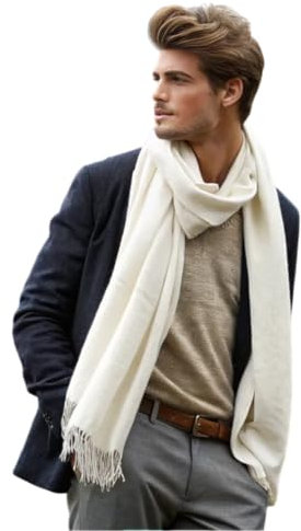 LA FERANI Herren Kaschmir Schal dünn Winter Herbst 185x65 Kaschmirschal elegant geschmeidig Weiß Casual Style Pashmina Wollschal Wolle Uni Farbe Herrenschal S2 (Weiß)
