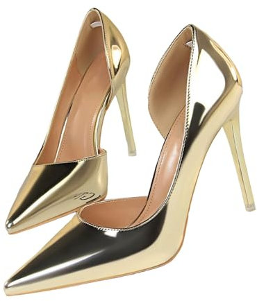 Scarpe alla moda con tacco alto metallizzato, con punta a punta, da donna, gold, 41 EU