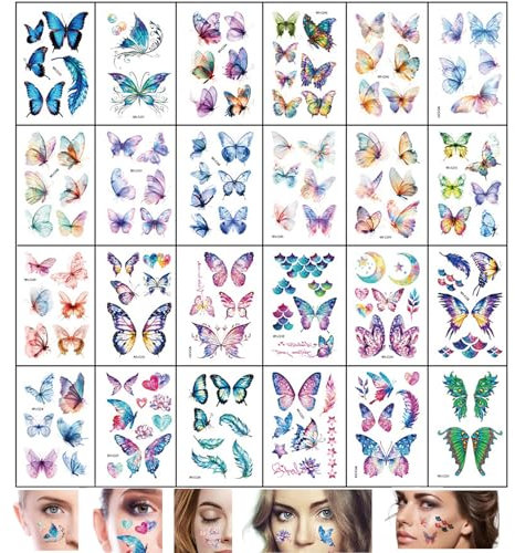 24 Stück Temporäre Tattoos Schmetterling Glitzer Tattoo Gesicht Körper Aufkleber Wassertransfer Engelsflügel Tattoos Wasserdicht Sticker für Musikfestival Ball Party Cosplay (A)