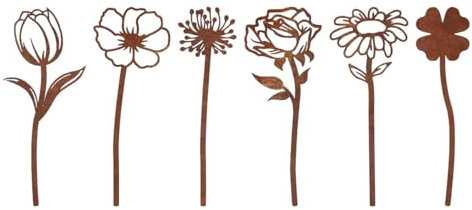 MANOPRANA Set di 6 decorazioni da giardino in ruggine per giardino, rose, dente di leone, crisantemi, per giardino, terrazza, balcone o vaso di fiori