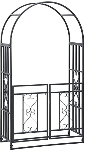 Outsunny Outdoor Garden Arch with Double Gates, Metal Garden Arbor for Climbing Plants, Roses, Vines, Wedding Arch for Outdoor, 114L x 50W x 206H cm, Dark Grey