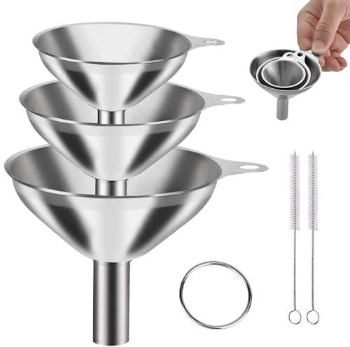 Trichter-Set aus Edelstahl, 3 Stück, mit Griff und Reinigungsbürste, platzsparend stapelbar, ideal für Flüssigkeiten, Marmelade und Pulver