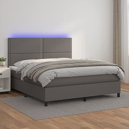 UMOLAMARY Boxspringbett mit Matratze & LED Grau 180x200 cm Kunstleder Schlafzimmer Möbel